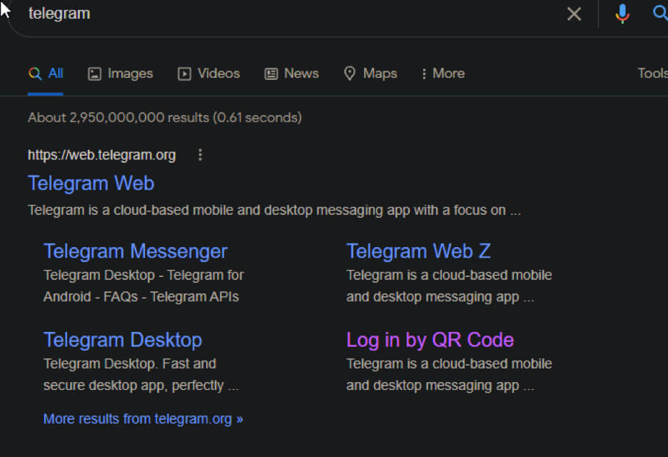 Google search results page showing a result for the search term "Telegram".