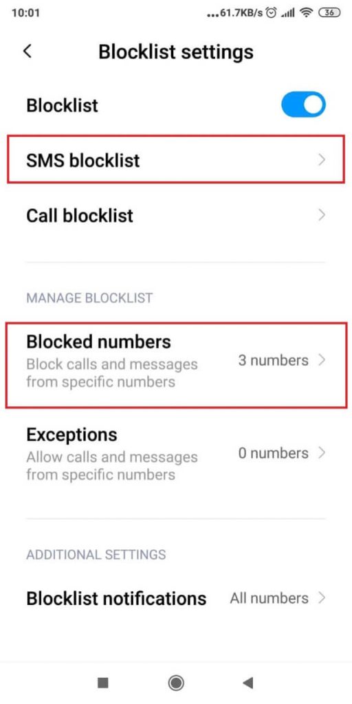 Phone SMS blocklist page