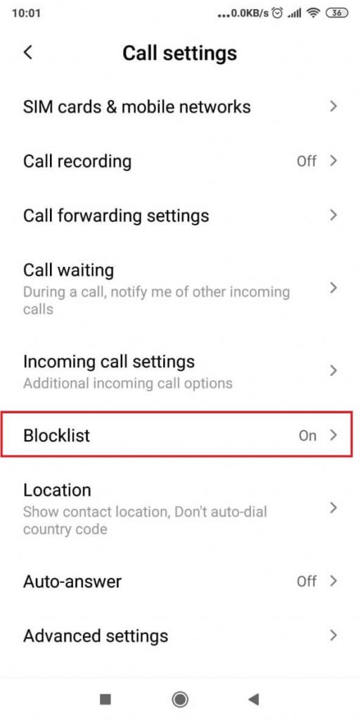 Phone call settings and blocklist page
