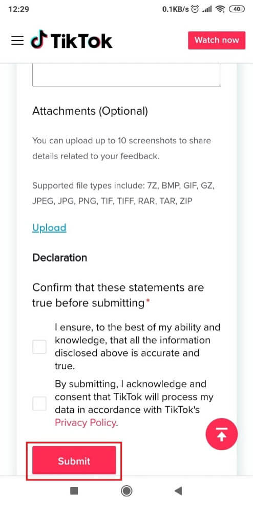 Screenshot showing how to submit a message to TikTok
