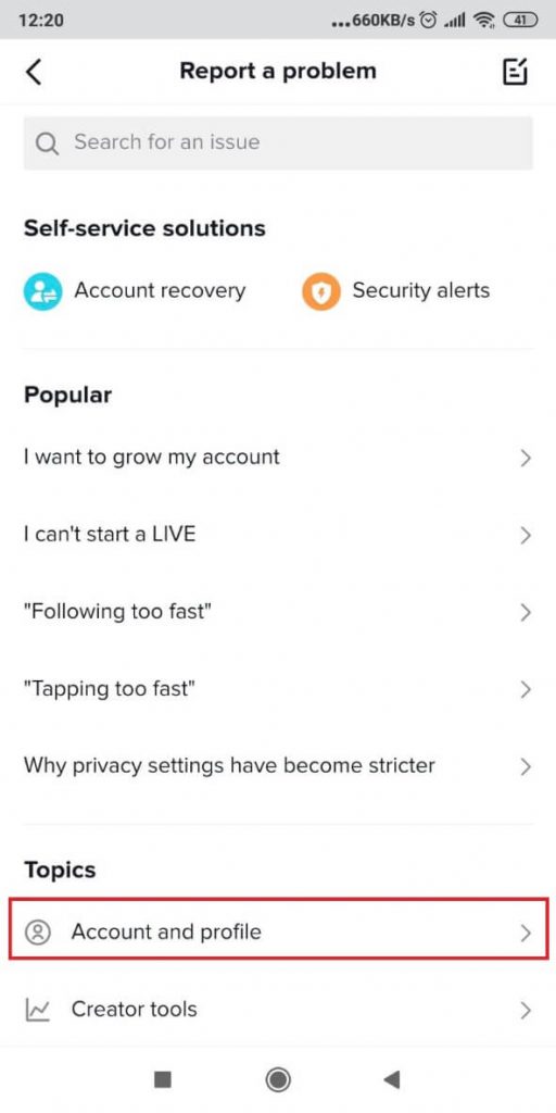Image showing how to report a problem to TikTok
