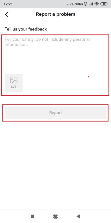 Image showing a TikTok page where you can manually enter the reason why you are reporting a problem