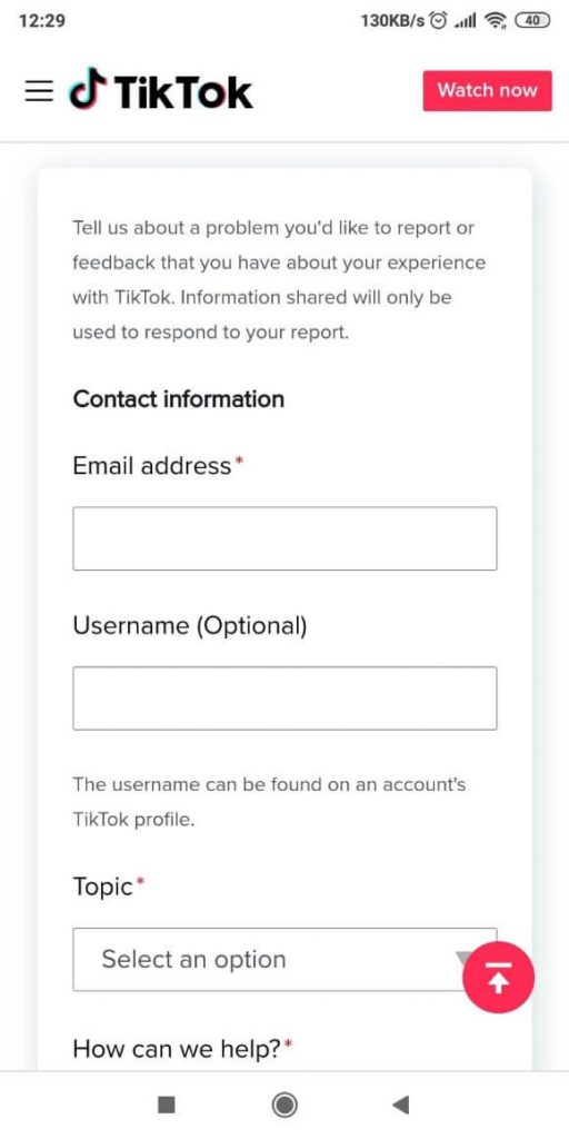 Image of TikTok's contact page
