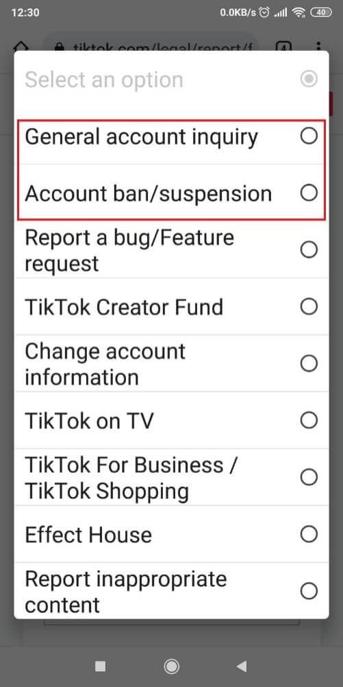 TikTok Contact page showing options users can select for the reason why they are reaching out