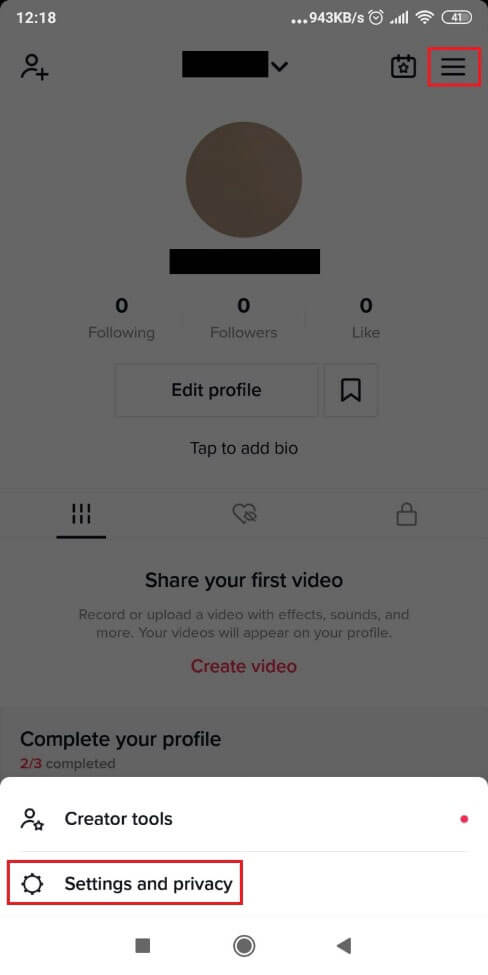 Image showing how to access TikTok's Settings and Privacy page