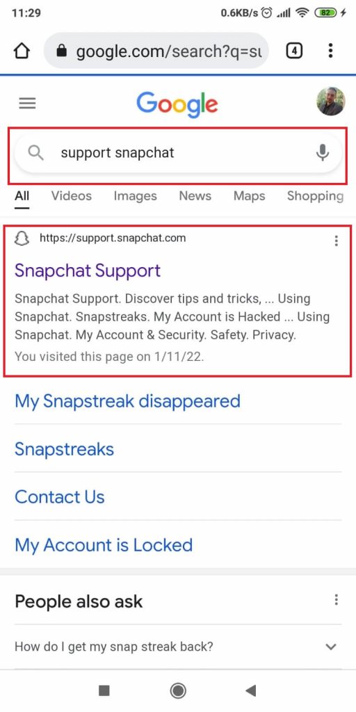 Search for “Snapchat support” on Google and open the first link