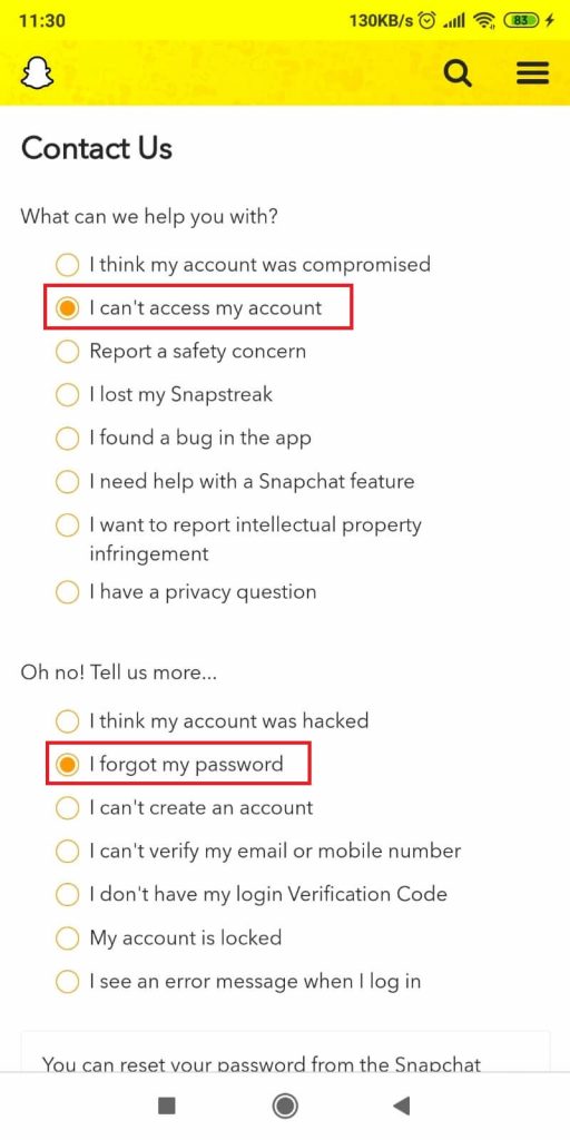 Snapchat support questions