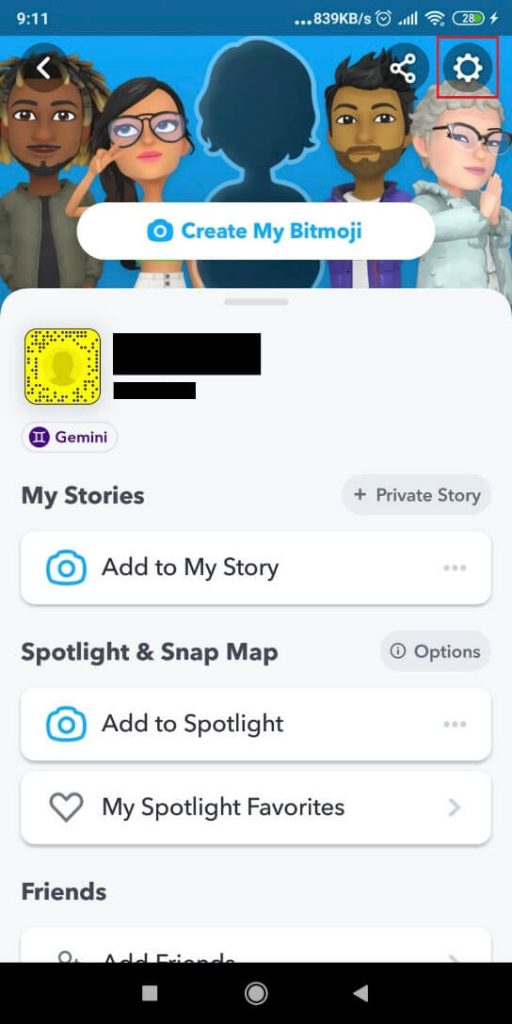 Screenshot of a Snapchat main page after the user has logged in