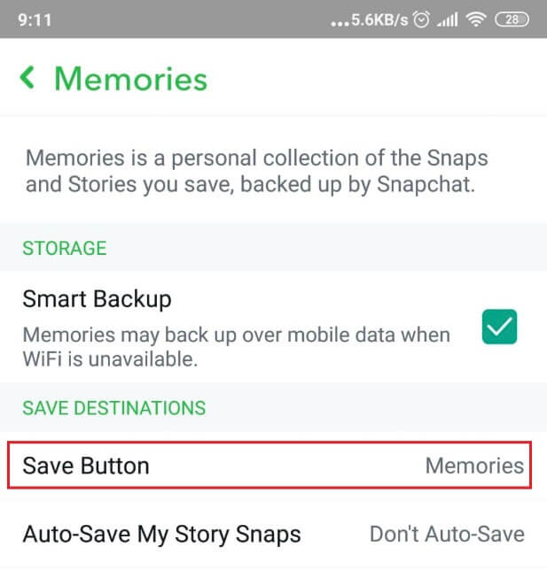 Screenshot of Snapchat's Memories page