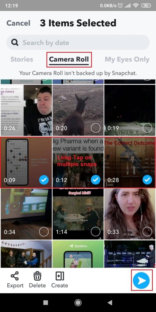Select Camera roll, and select multiple pics/videos