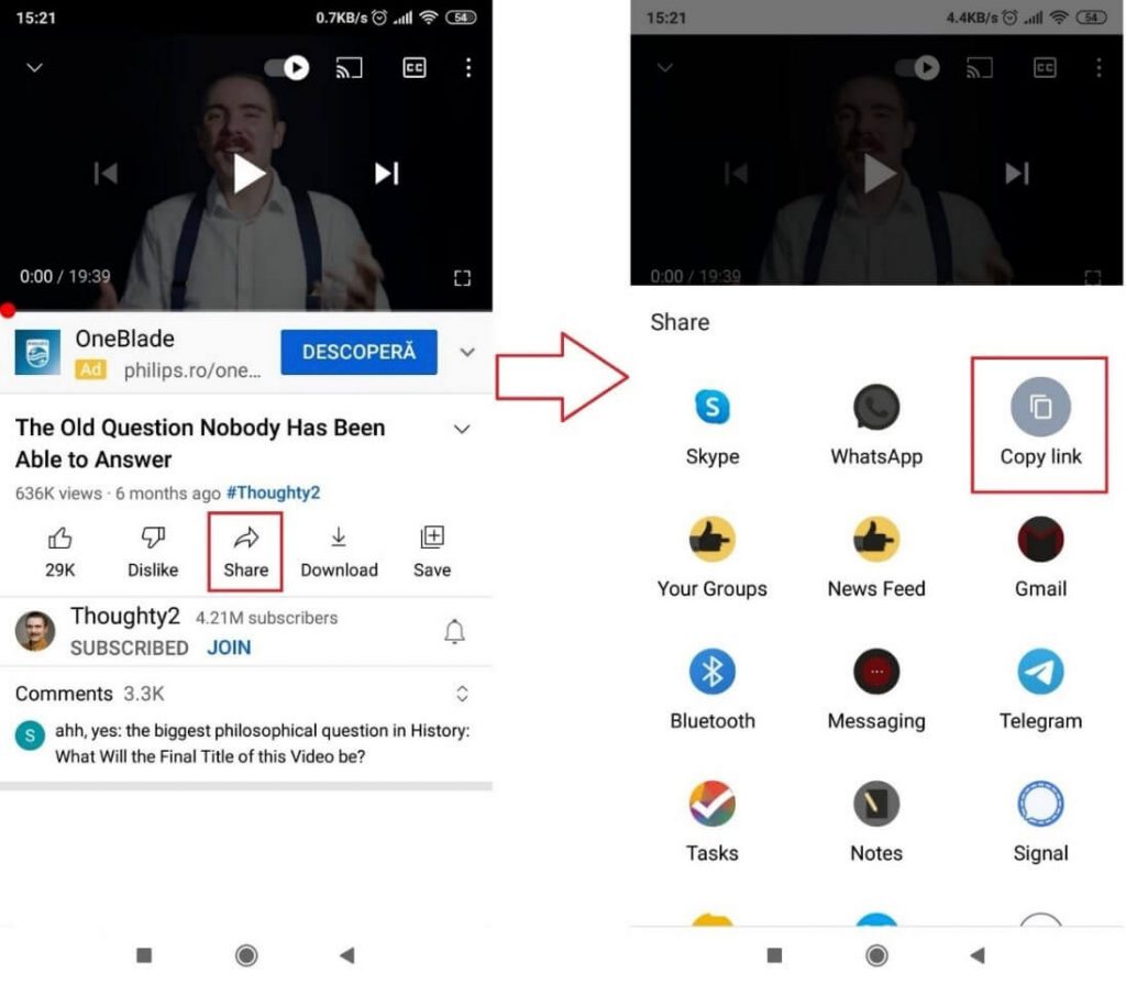 Screenshot showing how you can share YouTube videos on Instagram