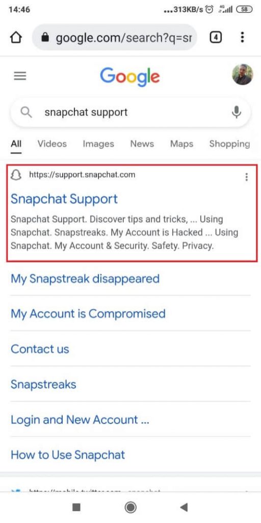 Screenshot showing a Google search result after the term "Snapchat Support"