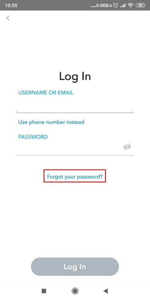 Image of a Snapchat home page highlighting the "Forgot your password" menu option