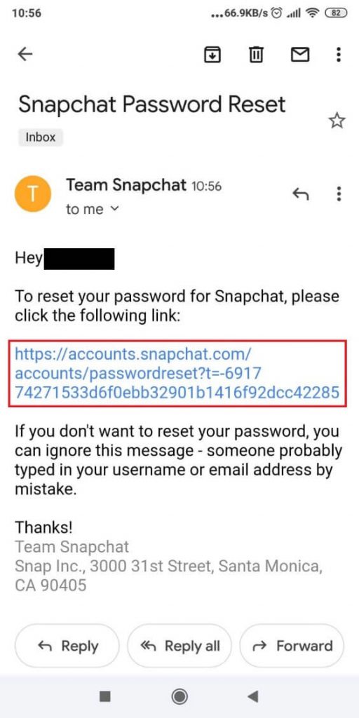 Image of a Snapchat password reset email