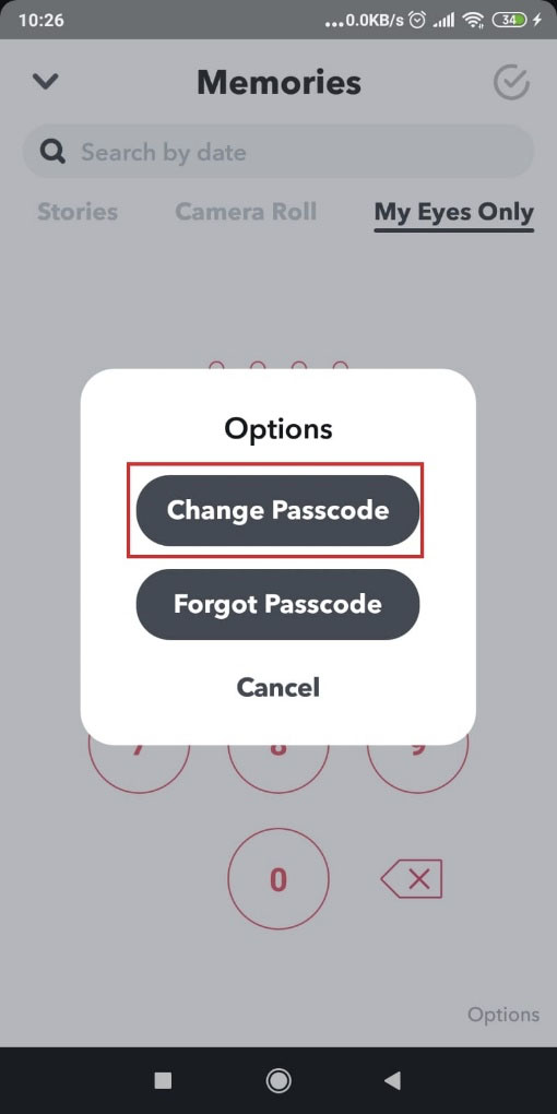 Screenshot showing how to change the passcode on Snapchat