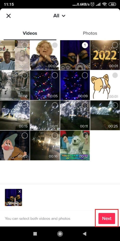 Image showing how to select videos and images from the phone gallery to upload to TikTok