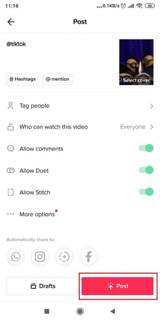 Screenshot showing how to post something on TikTok