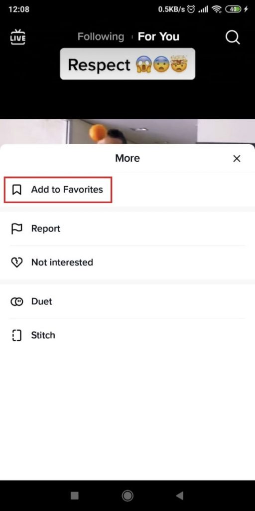 TikTok menu options showing how one can add videos to favorites