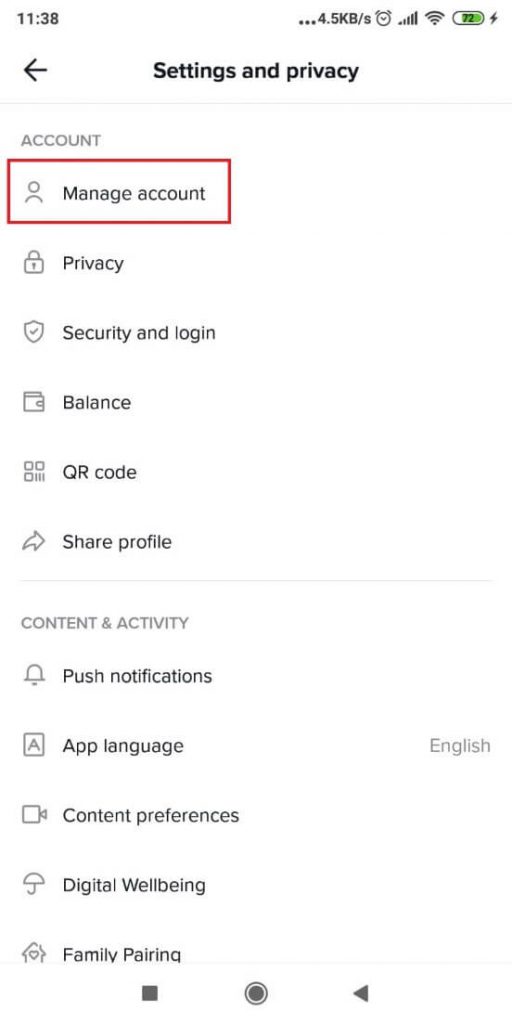 TikTok Manage account menu option on the Settings and privacy page