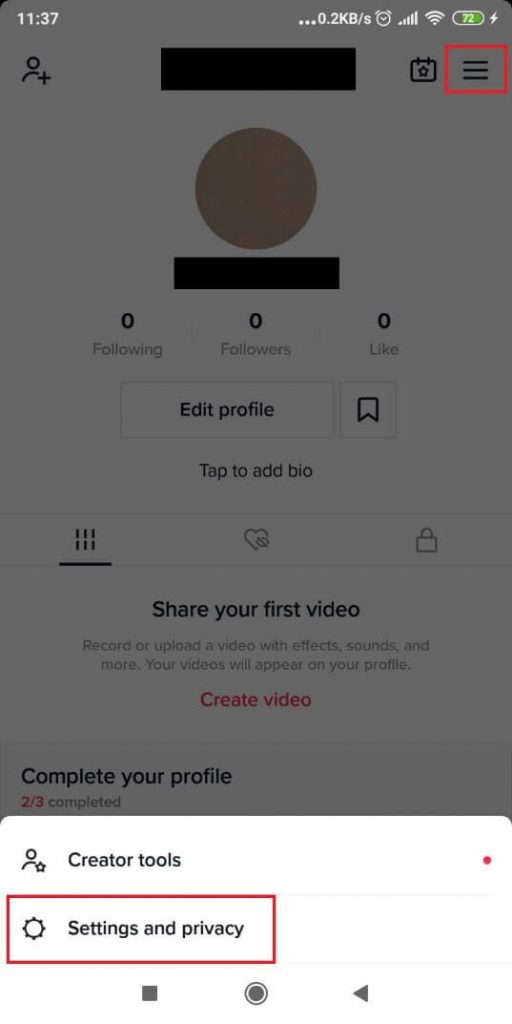 TikTok Settings and privacy page