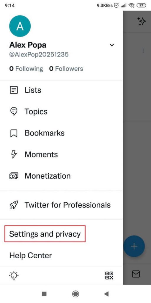 Settings and Privacy menu option on Twitter