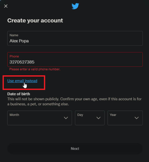 Image showing how to create a Twitter account with an email