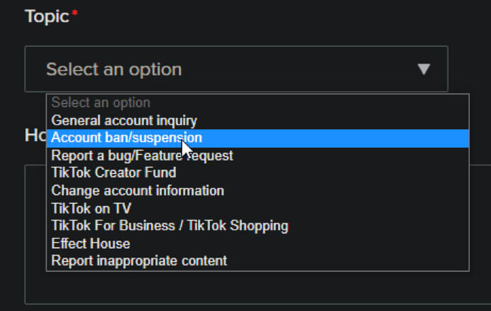 Screenshot of TikTok's feedback page where one can select a reason to submit feedback.