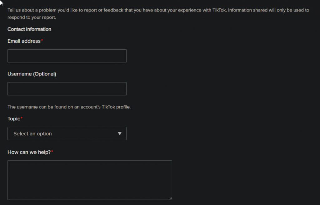 Image of TikTok's "Share your feedback" page