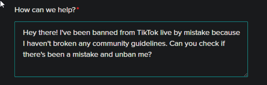 Image of a TikTok ban appeal message.