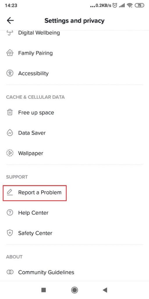 Screenshot of TikTok's Settings and privacy page where the "Report a Problem" menu item is highlighted.
