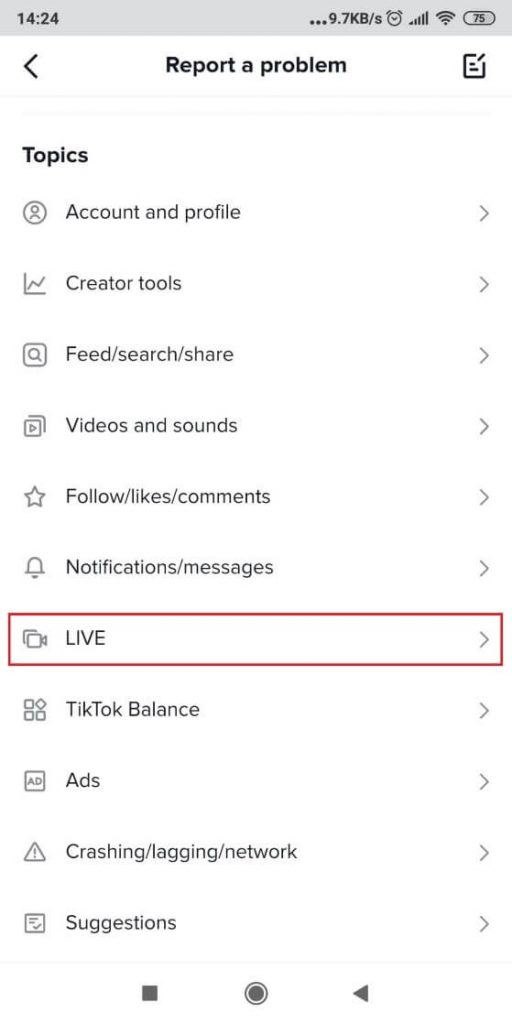 TikTok's Report and problem page where the Live menu item is highlighted.