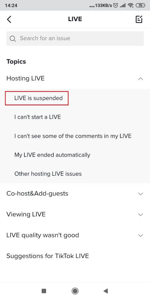 Screenshot of TikTok's LIVE page where it shows that Live is suspended.