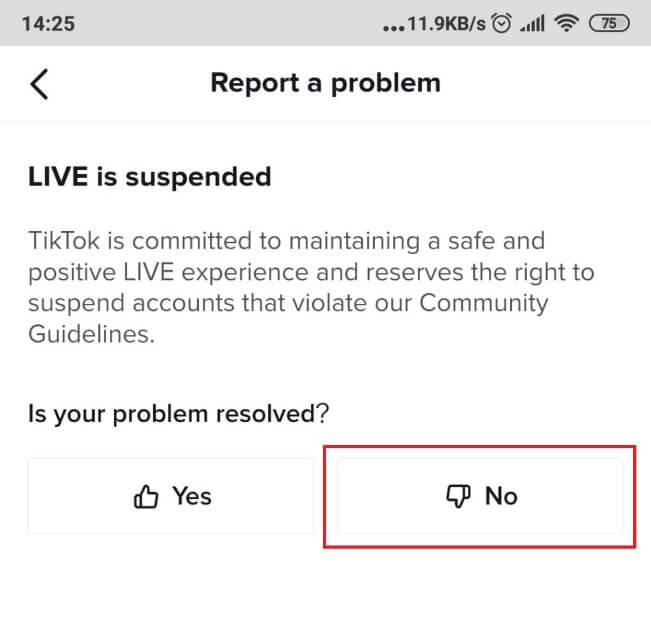 TikTok's Report a problem page where a message explains why Live is suspended.