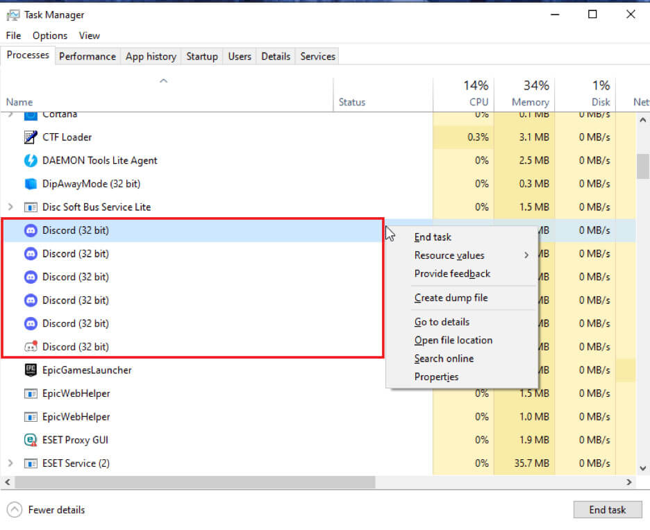 Image of an opened Task Manager on Windows.