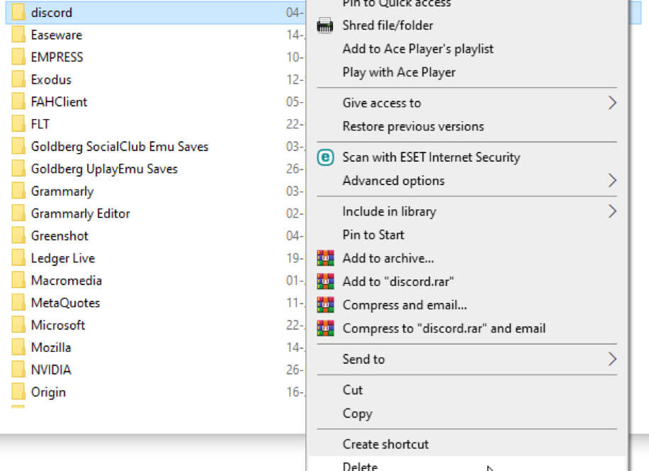Deleting Discord from a folder on Windows.
