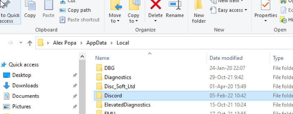 Deleting the Discord folder from Windows