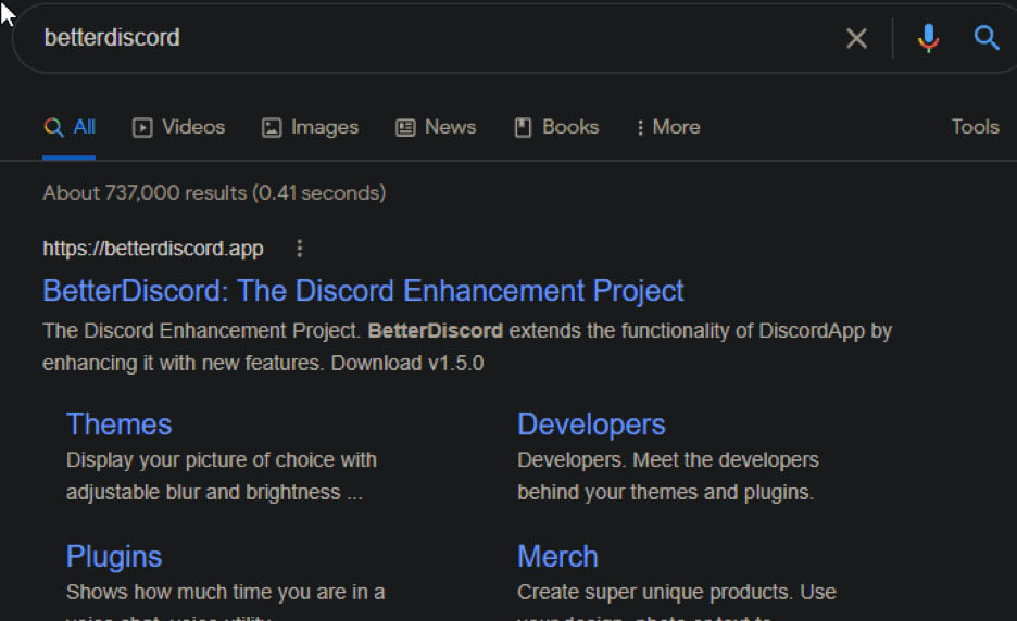 Image of a Google search results page showing a result for the search "betterdiscord"