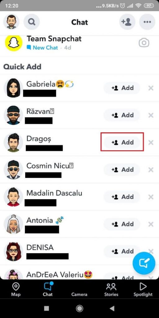 Screenshot showing how to add a friend on Snapchat