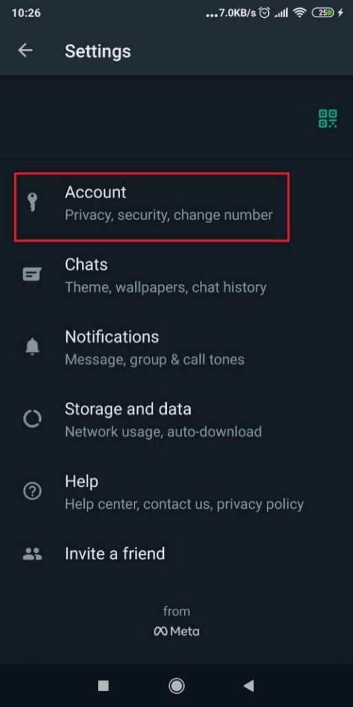 Image of Whatsapp's settings page where the "Account" menu item is highlighted.
