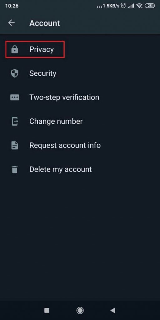Image of Whatsapp's settings page where the "Privacy" menu item is highlighted.