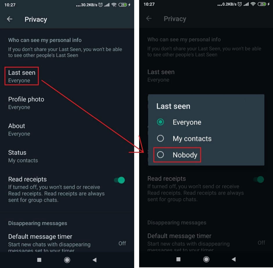 Image of Whatsapp's Privacy page where the "Last seen" menu item is highlighted.