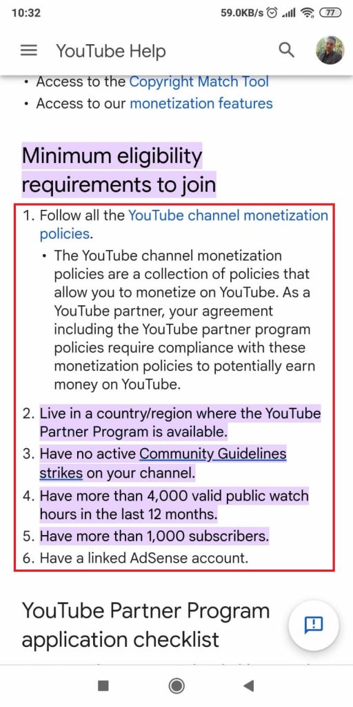 YouTube monetization - minimum requirements