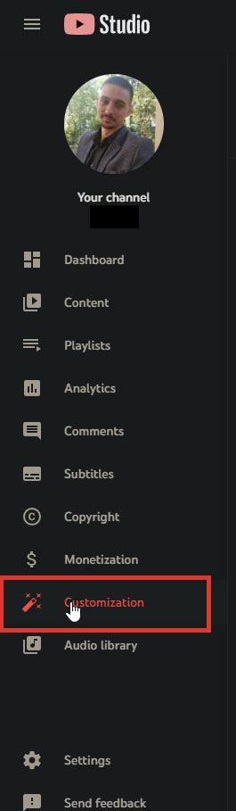 Image showing a YouTube Studio main page listing out all the menu items.