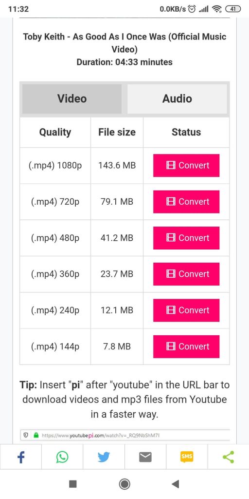 Image showing the Convert page of the Y2Mate app.