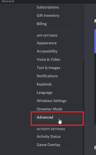 Scroll down through the menu and look for “Advanced”