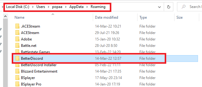 Go to the BetterDiscord folder in “%appdata%”