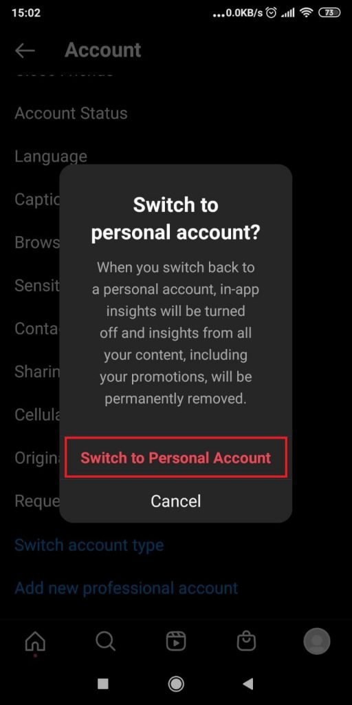 Switch to Personal Account