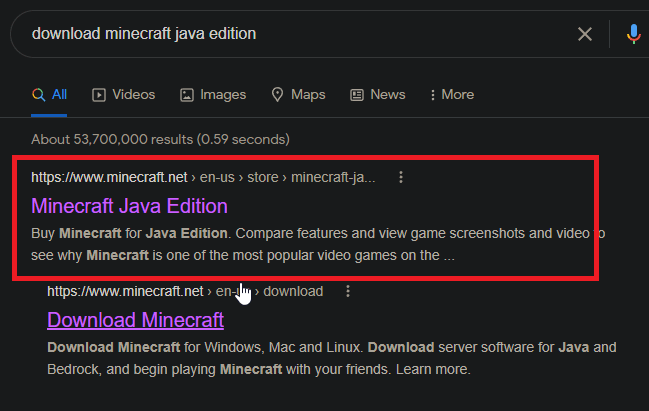 Search for Minecraft Java on Google
