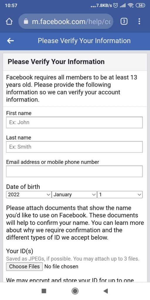 Please verify your information - Facebook form