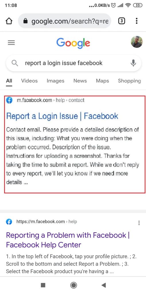 Report a login issue Facebook form